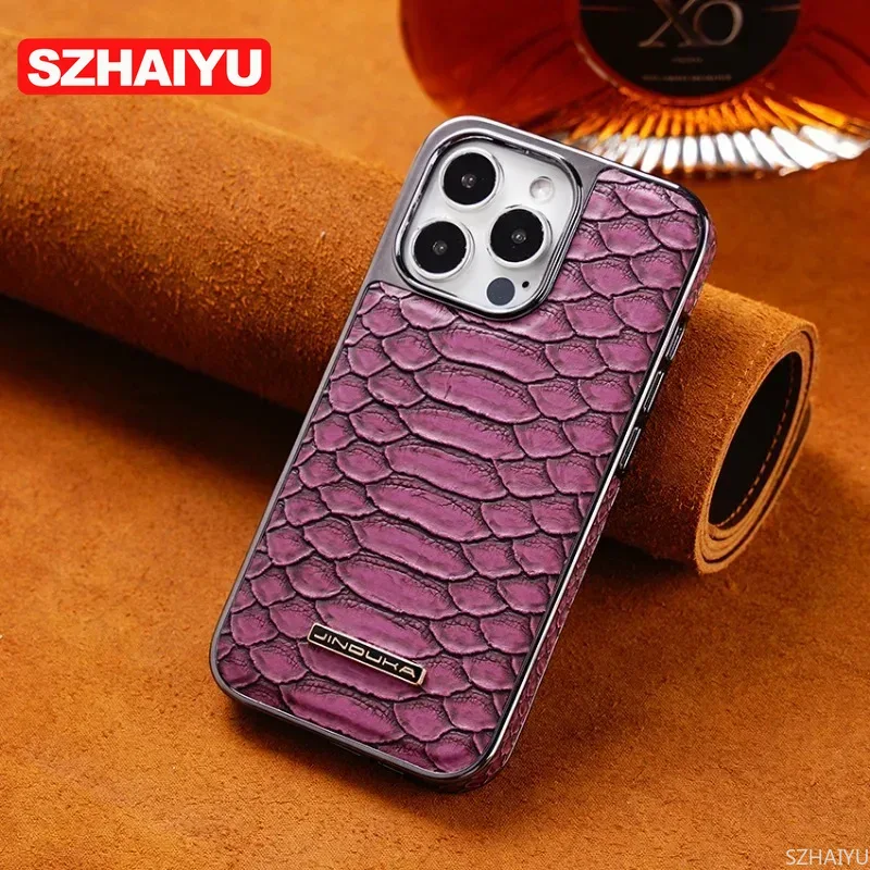 Luxury Python Texture Leather Electroplating Phone Case For iPhone 15 14 13 12 16 Pro Max Back Cover with Built-in Flannel