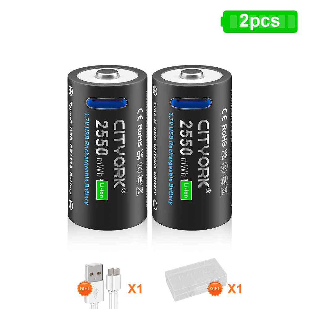 CITYORK CR123A Bateria 2550mWh 3.7V Akumulator Li-ion 16340 Do Latarki LED 16350 RCR123 Bateria + Kabel USB Type-c: Złota