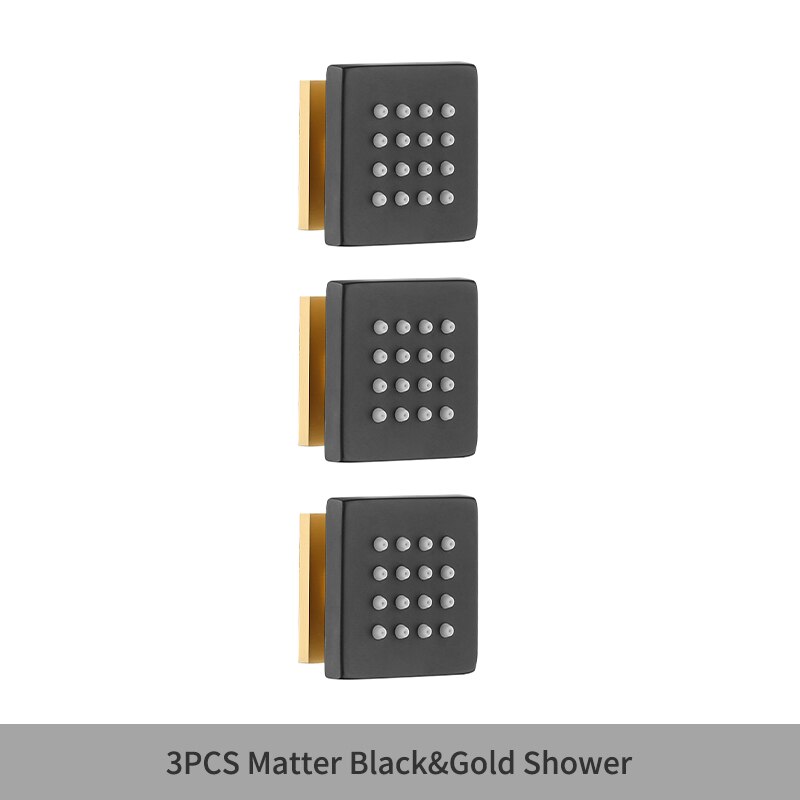 Square Black Body Rain Shower Spray Jets Bathroom Solid Brass Square Head Sprayer Set Saving Water Massage Jet System: 3PCS Black Gold
