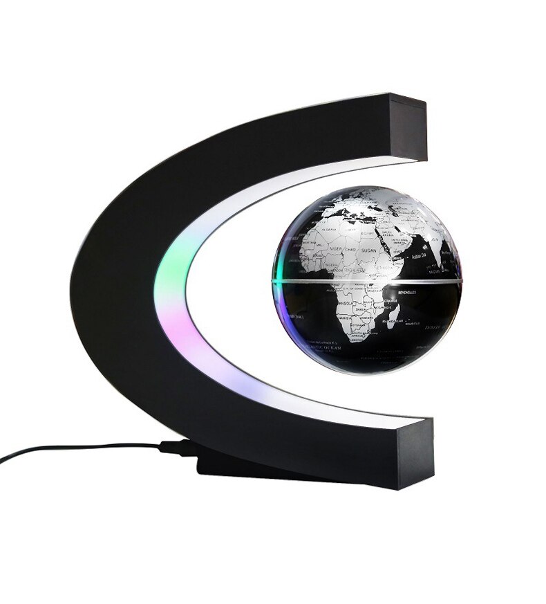 C form magnetisk levitation flydende globus kort verdenskort med led lys børn undervisningsudstyr hjemmekontor skrivebord dekoration: Sølv us-stik