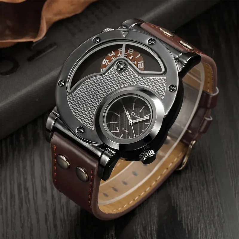 Vintage Sport Horloge Twee Tijdzone Sport Polshorloge Leger Mannen Pu Lederen Band Antieke Quartz Horloge Mannelijke Klok