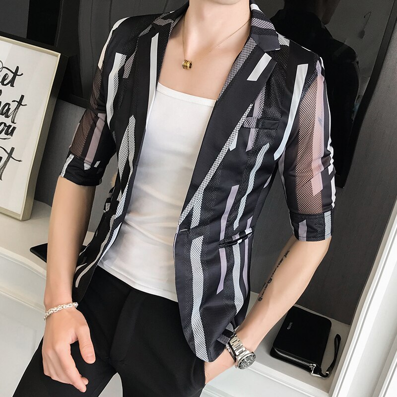 Men Blazer Thin Summer Print Hollow Suit Jacket Single Button Half Sleeve Male Nightclub Slim Fit Party Blazers