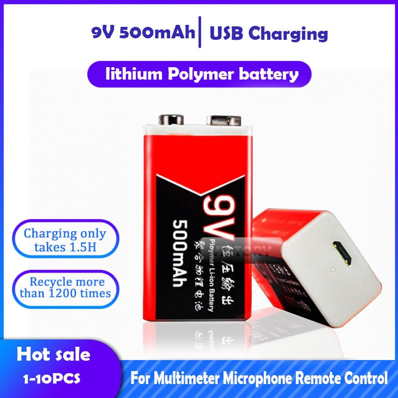 500Mah 9V Usb Batterij Li-Ion Lipo Lithium Polymer Oplaadbare Batterij Voor Multimeter Draadloze Microfoon Headset Stimulator Speelgoed