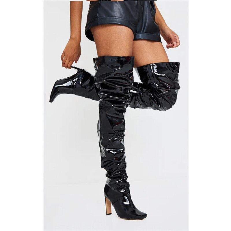 Mstacchi – Botas classiques en peluche pour femme, chaussures confortables plissées à talon épais et bout carré, cuissardes hautes, hiver
