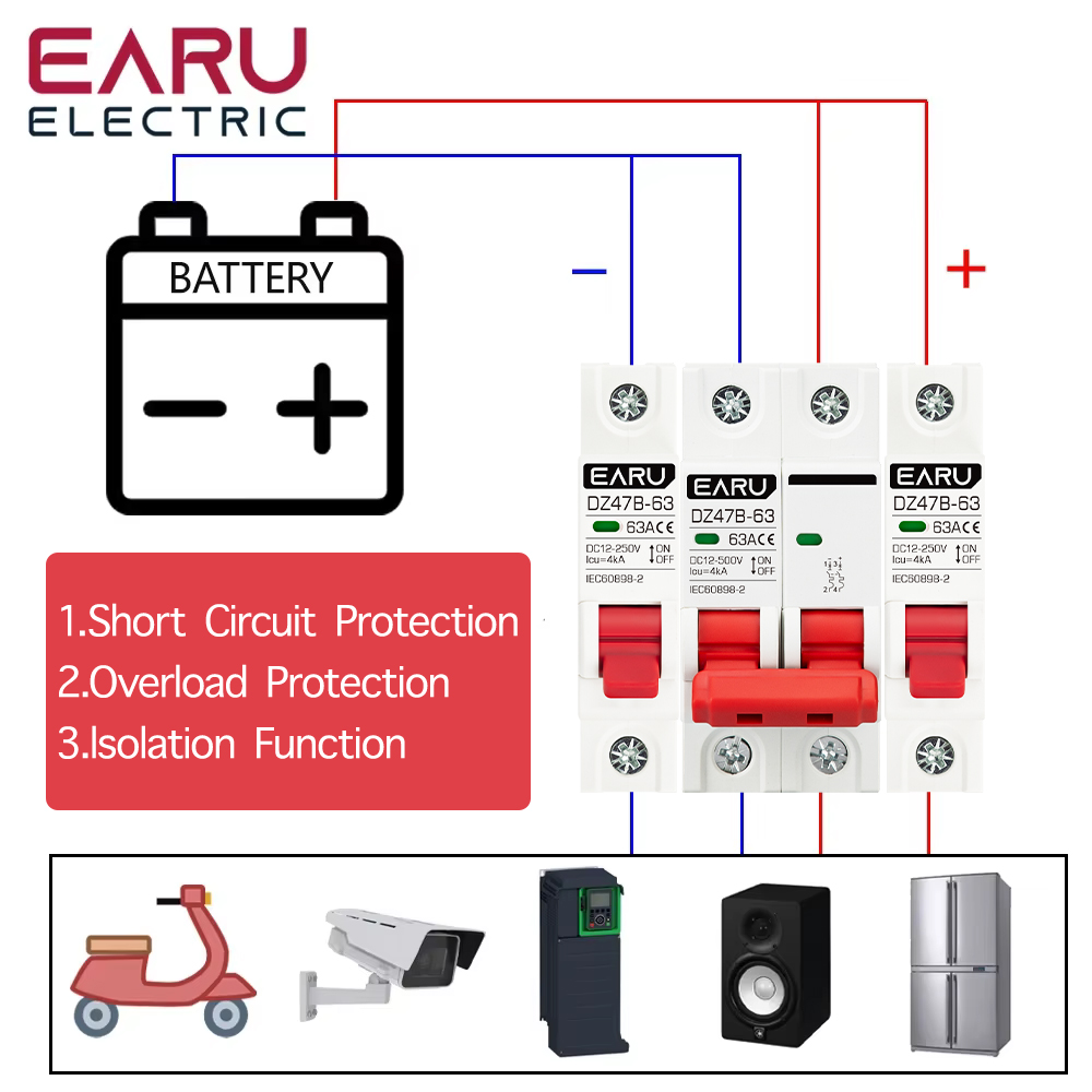 Dc12v 24v 48v 36v mcb accu auto beveiliging mini stroomonderbreker  dz47 dc positieve en negatieve pool beveiligingsschakelaar isolator