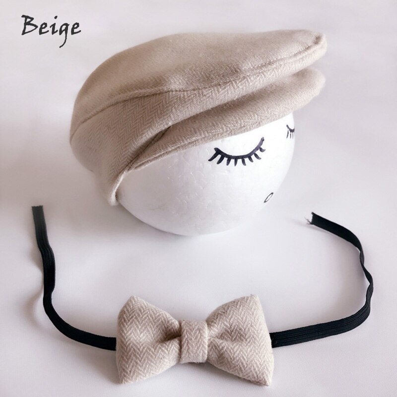 Gorro para bebê recém-nascido, boné fofo com palmilha + gravata borboleta para fotografia e adereço para meninos: Beige