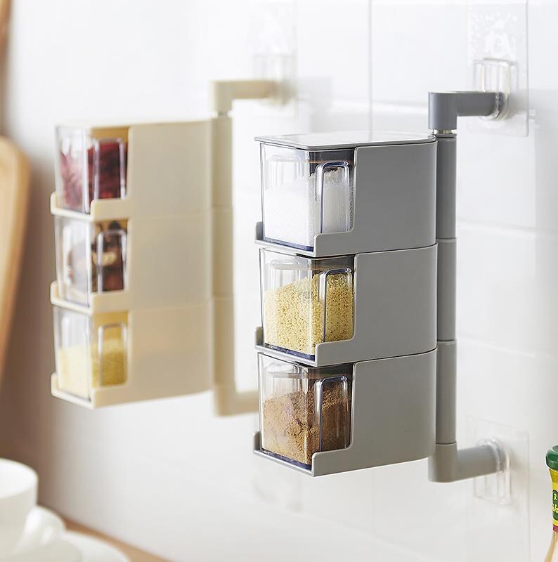 Wall Mount Rotating Cruet Condiment Seasoning Jars Punch-Free Spices Pepper Salt Shakers Holder Kitchen Storage Rack Organizer