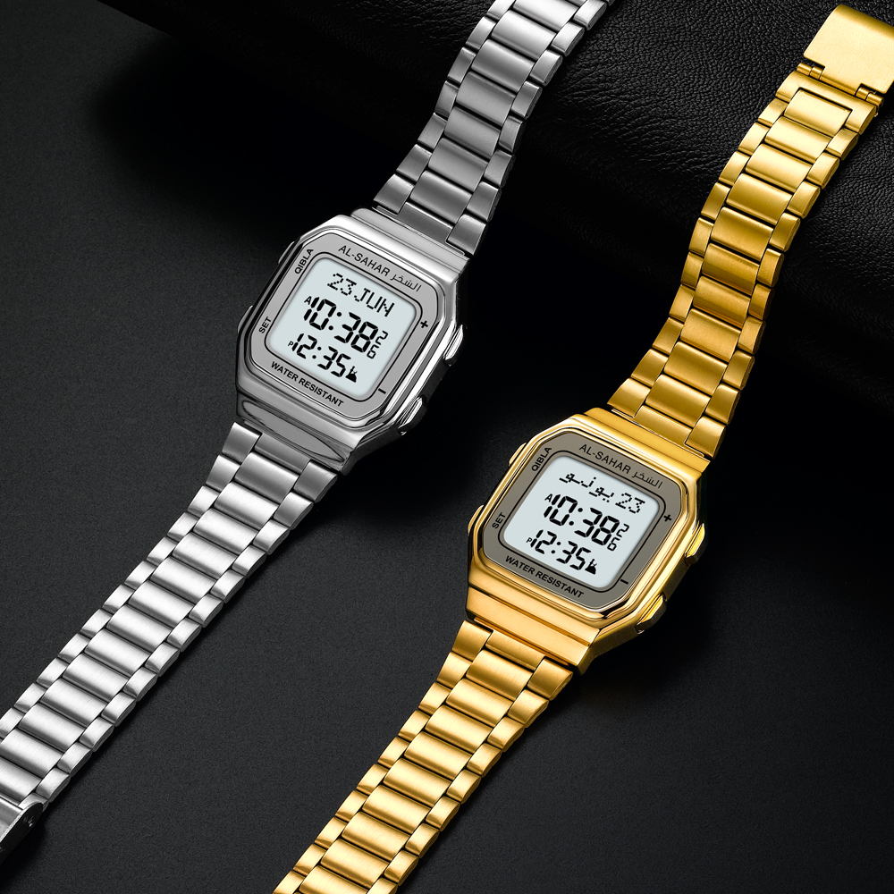 AL-SAHAR Klassiek Azan-horloge met automatische Qibla-achtergrondverlichting Hijri-kalender Meertalig moslimpolshorloge Islamitisch uurwerk
