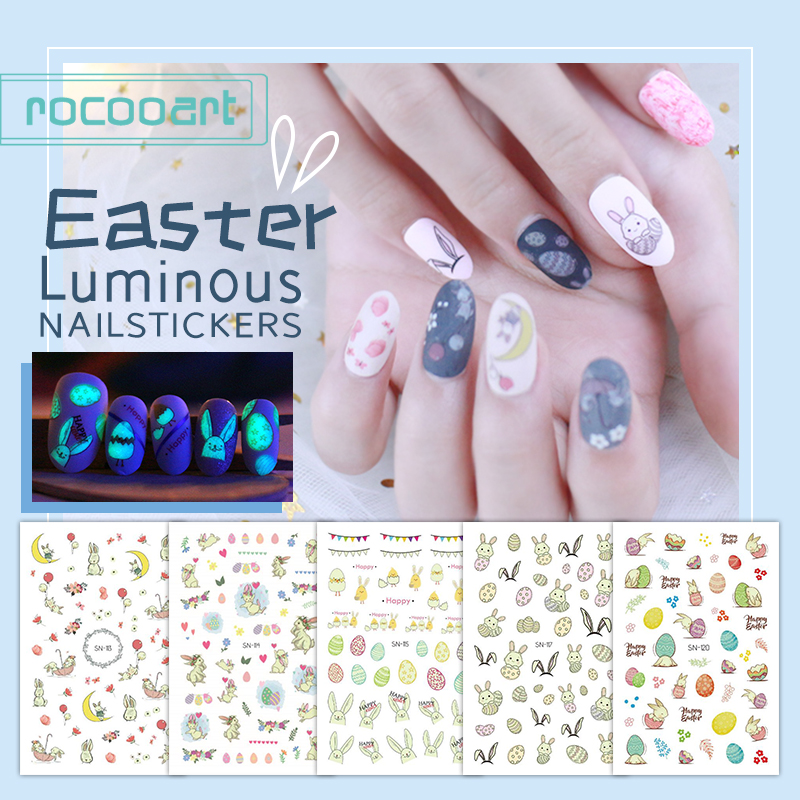 Lichtgevende Paasei Nail Art Sticker Chick Konijn Cartoon Zelfklevende Decal Manicure Slider Nail Wrap Tool Decoraties