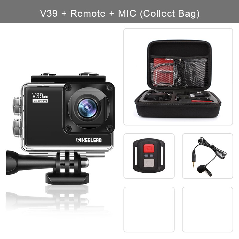 KEELEAD V39 action camera 4K / 60FPS 20MP 2.0 "LCD EIS video Dual MIC WiFi waterproof Pro Helmet cam Sport camera VS EK7000 cam: V39 bag Remote MIC / Standard