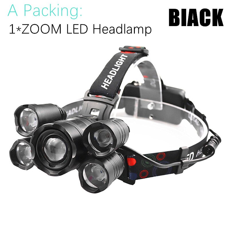 Most Powerful Induction ZOOM LED Headlight headlamp 5LED T6 Head Lamp Flashlight Torch head light Best For Camping, fishing: A Packing - Black / No Battery