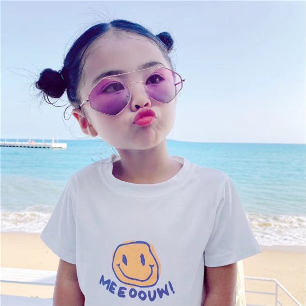 Gafas de sol con forma de polígono de Metal para niños, lentes de protección hexagonales UV, marco de diamante de doble haz, foto de calle