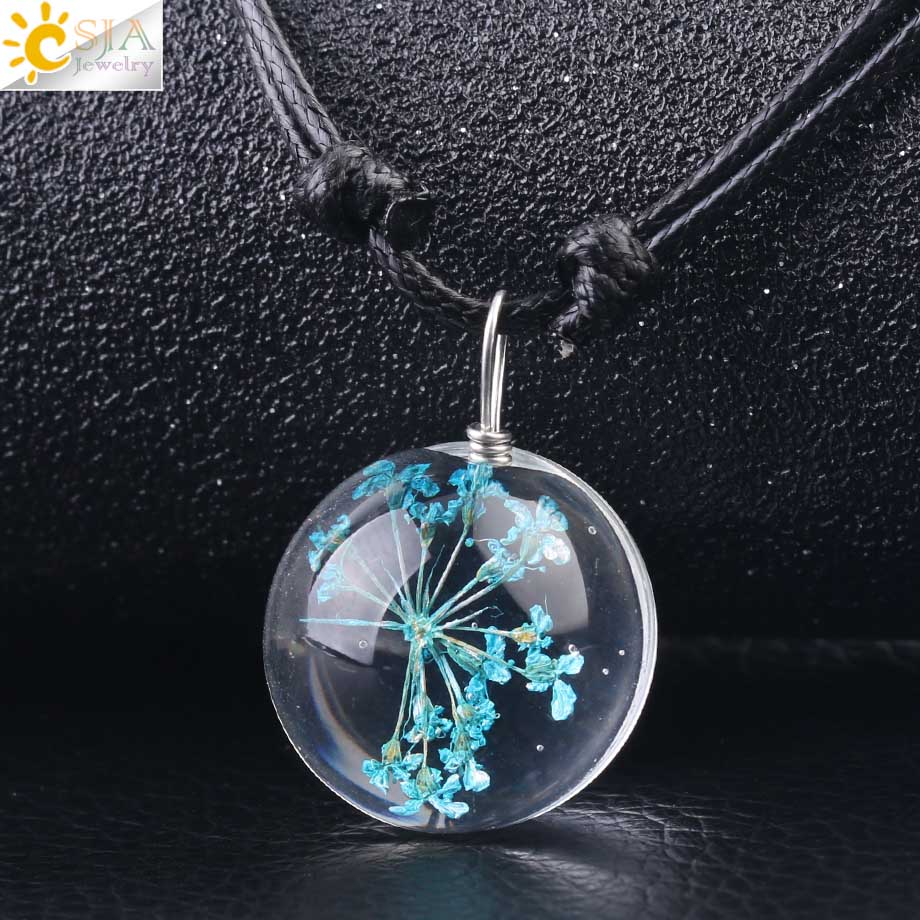 CSJA Decorativo di Modo di Fiori Secchi Collane & Pendenti con gemme e perle di Vetro Palla A Secco Pianta Pendente Corda di Cuoio per le Donne di Fascino Dei Monili F586: Light Blue