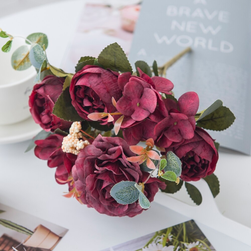 5 buntar rosa pionbukett konstgjorda blommor heminredningstillbehör bordsdukning bröllop dekorativ blomma: Vinröd