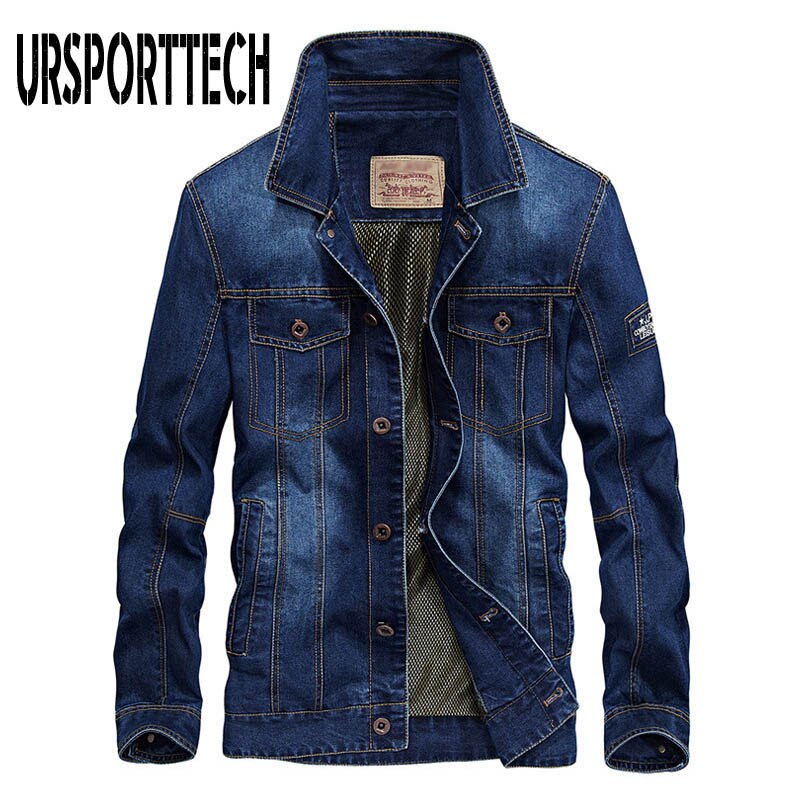 Ursporttech denim jakker mænd frakke mørkeblå casual teenagere denim jakke bomuld turn-down krave lange ærmer denim bomber jakker: Lyseblå / Xxxl