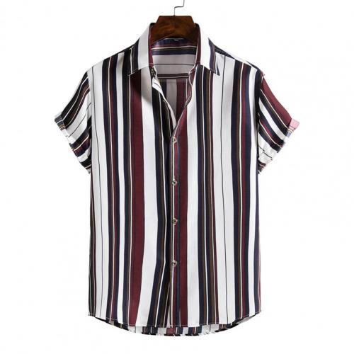Chemise hawaïenne imprimée à rayures et à col rabattu pour hommes, vêtements de plage, à manches courtes, Slim, à la , été: Black  Gray / M
