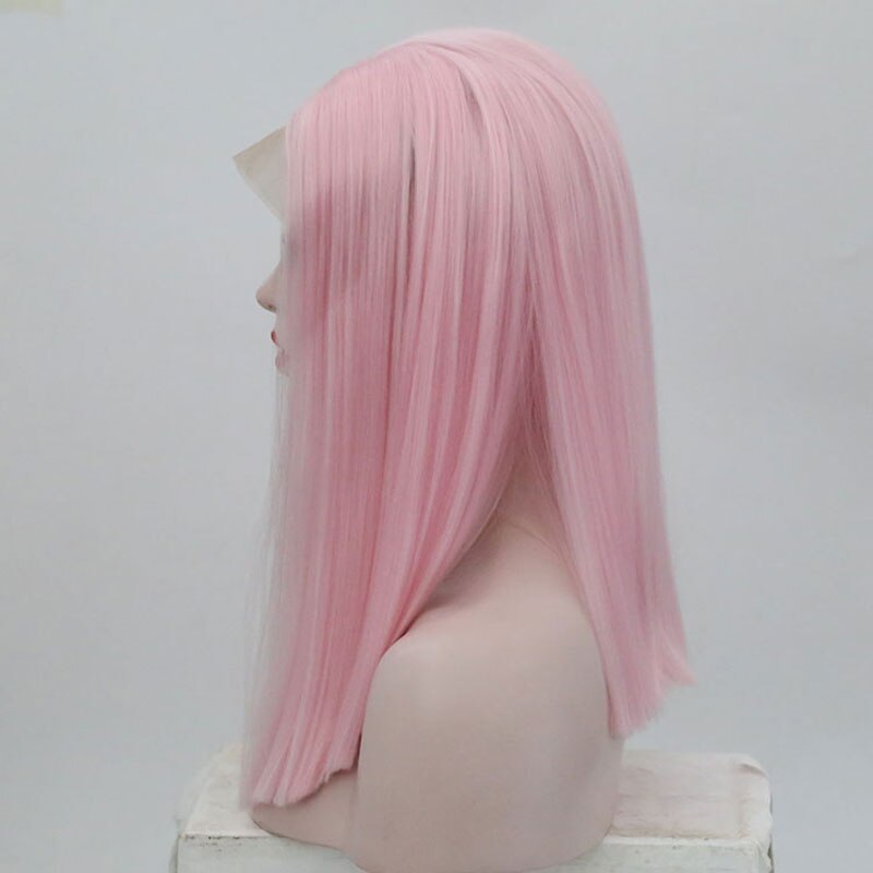 Bombshell pink kort lige bob syntetisk hår blonder front paryk limfri varmebestandigt fiber hår midterskilning til kvinder parykker