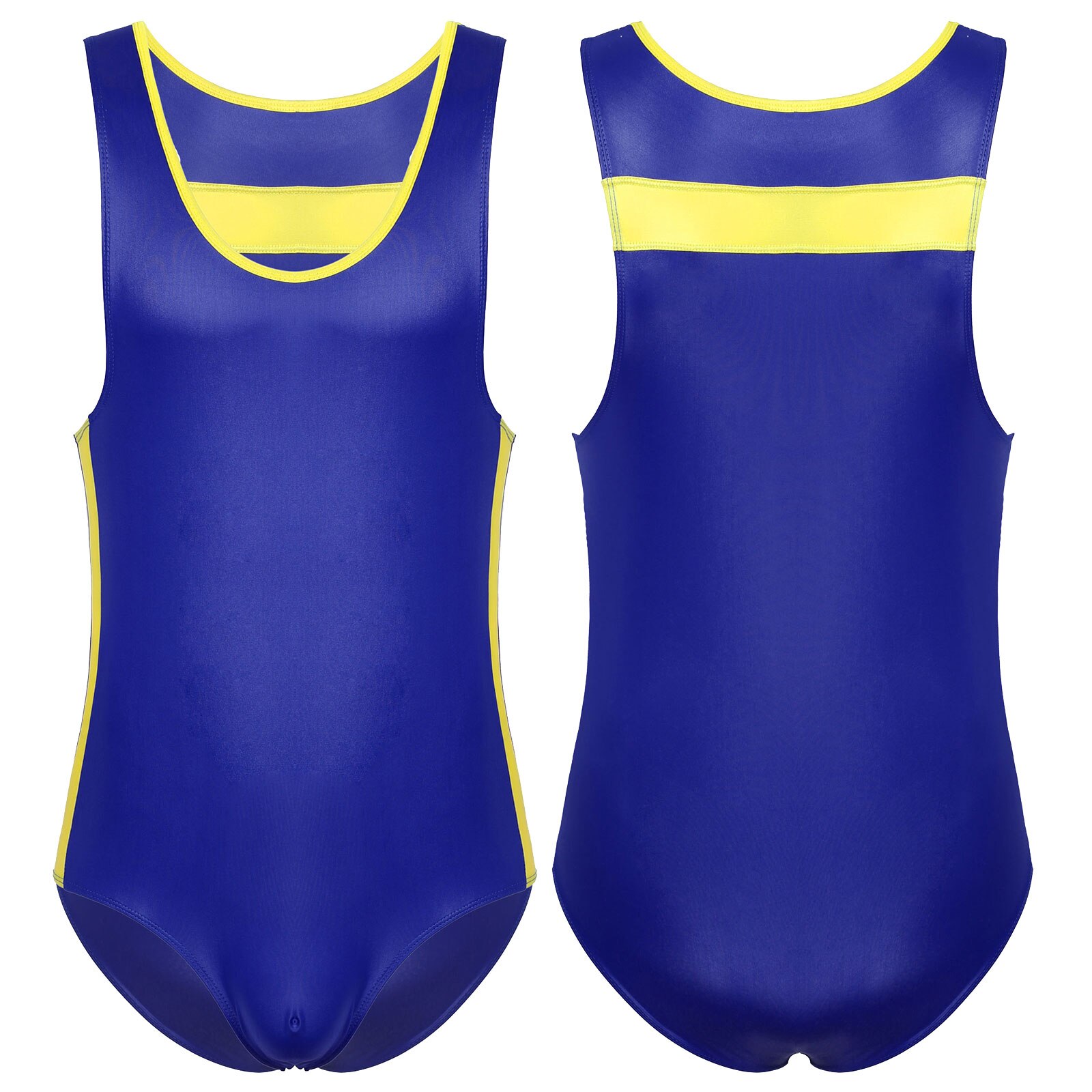 Mens Ballroom Competition Dancewear Sleeveless Bodysuit Stretchy Jockstraps Leather Patchwork Gymnastic Leotard Dance Costumes: Blue / L
