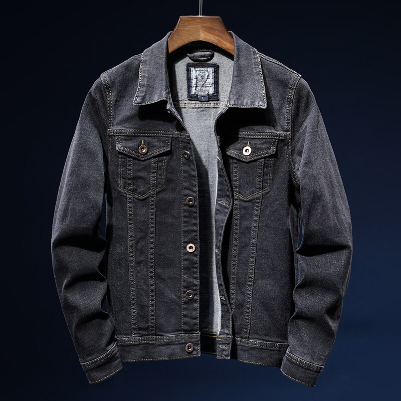 202 autumn classic men's retro black denim jacket casual cotton denim jacket big pocket lapel black denim jacket for men: XXL