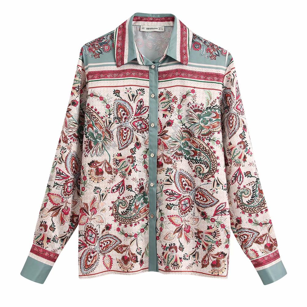 Kvinnor vintage färg matcha totem blomma tryck avslappnad smock blus kontor dam bära skjortor chic chemise femininas toppar  ls6365: S