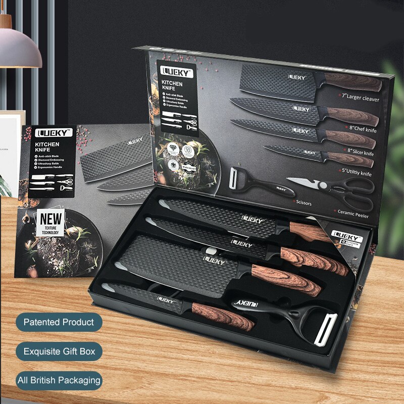 Juego de cuchillos antiadherentes de acero inoxidable para el hogar, utensilios de cocina con de ondas afiladas, con tecnología antiadherente, ideal para , 6 piezas