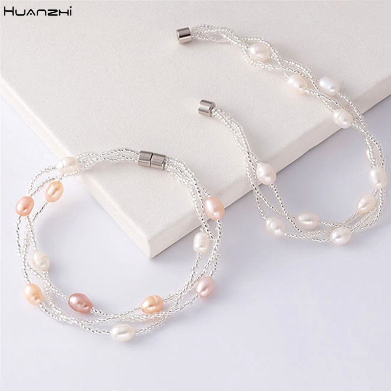 HUANZHI Neue Koreanische modisch Magnetische Mischfarben Natürliche Süßwasser Perle transparent Perlen Armbinde für Frauen Mädchen Schmuck