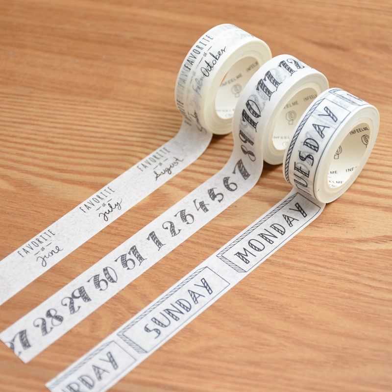Washi Tape-paquete de 3 rollos para planificador, pegatinas para álbum de recortes, número de mes y semana, 1,5 cm x 7m, negro y blanco
