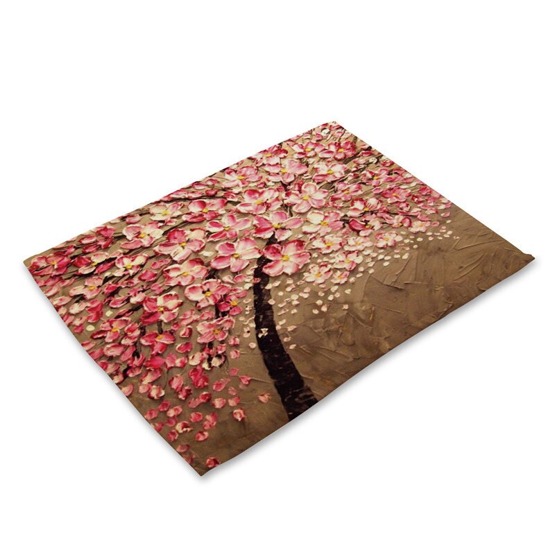 1Pcs Flower Tree Pattern Kitchen Placemat Dining Table Mat Drink Coaster Cotton Linen Pad Bowl Cup Mat 42*32cm Home Decor MP0016: H