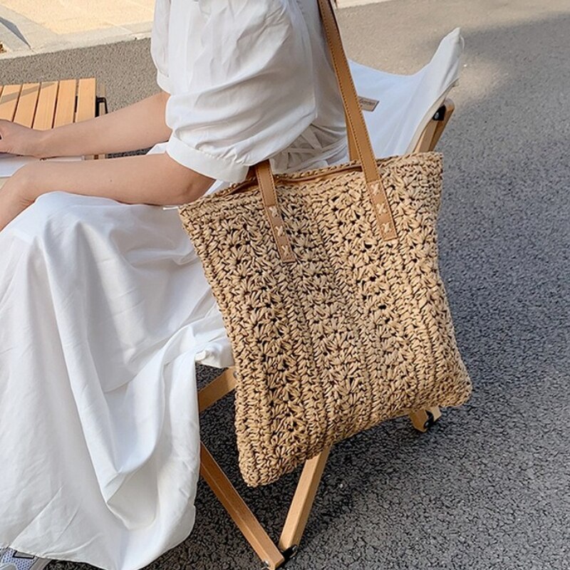 Square Hollow Straw Beach Bag Handmade Woven Shoulder Bag Raffia Rattan Shopping Travel Bag Bohemian Summer Vacation Casual Tote