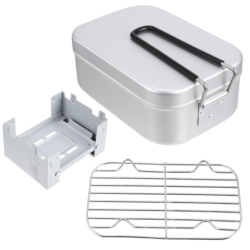 1 Set/3pcs 800/1000ml Outdoor Supply Camping Lunch Box Steaming Rack Folding Oven Kit: 1000ml