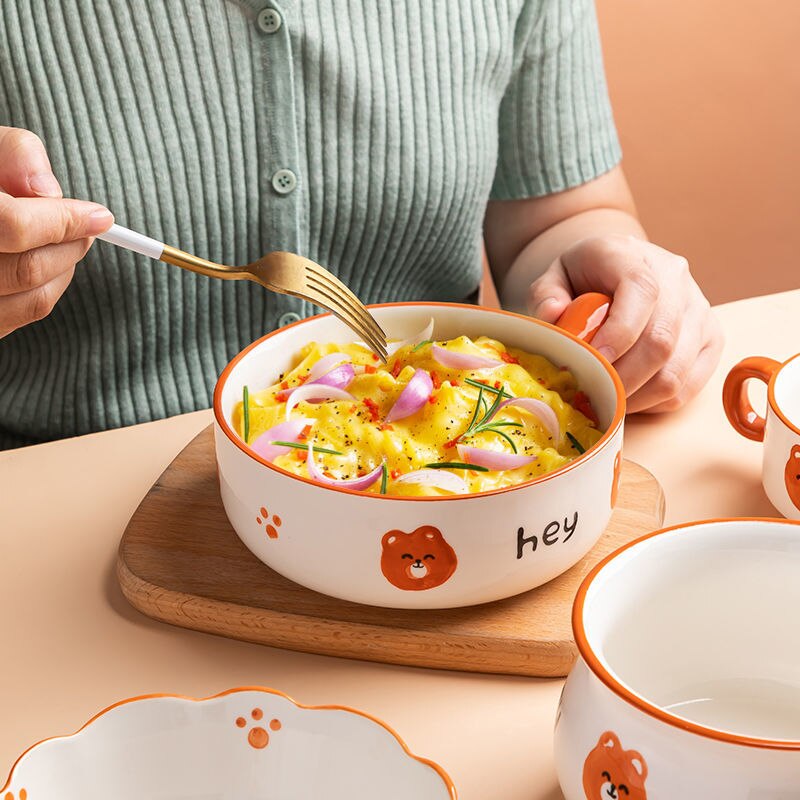 Cute Bear Bowl Plate Ceramic Household Oven Baking Bowl Baked Rice Plate Fruit Bowl Cartoon Tableware Set