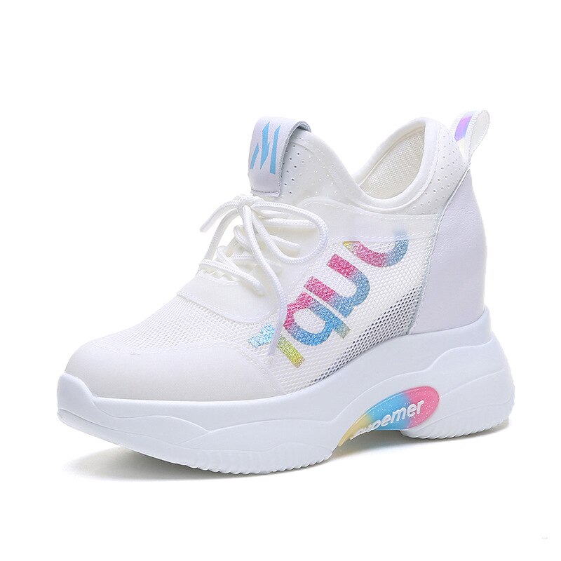 Platåsko for kvinner høy hæl økende damesko snøring mesh pustende weges kvinne chunky sneakers hvite fritidssko: Baicaise / 36