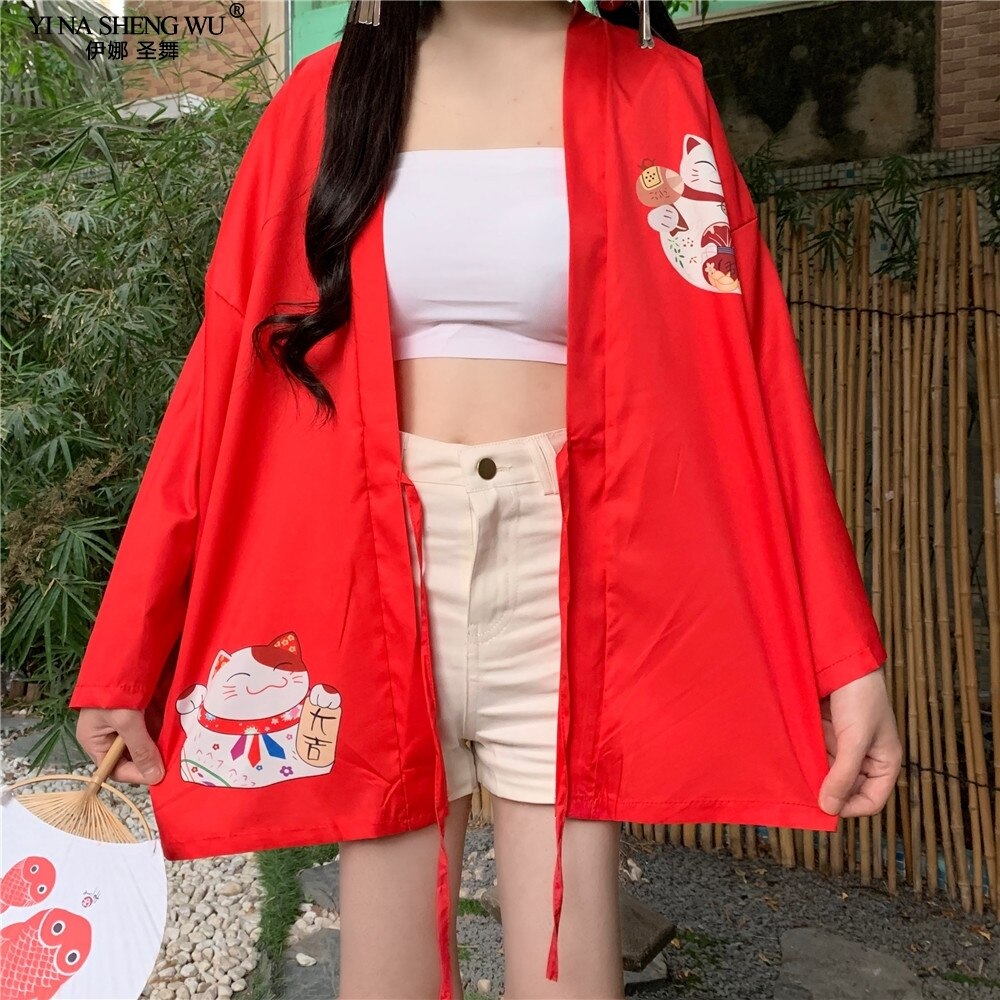 Cárdigan Harajuku de japonesa para mujer, Kimono negro, rojo, gato de la suerte, blusas informales holgadas para chica