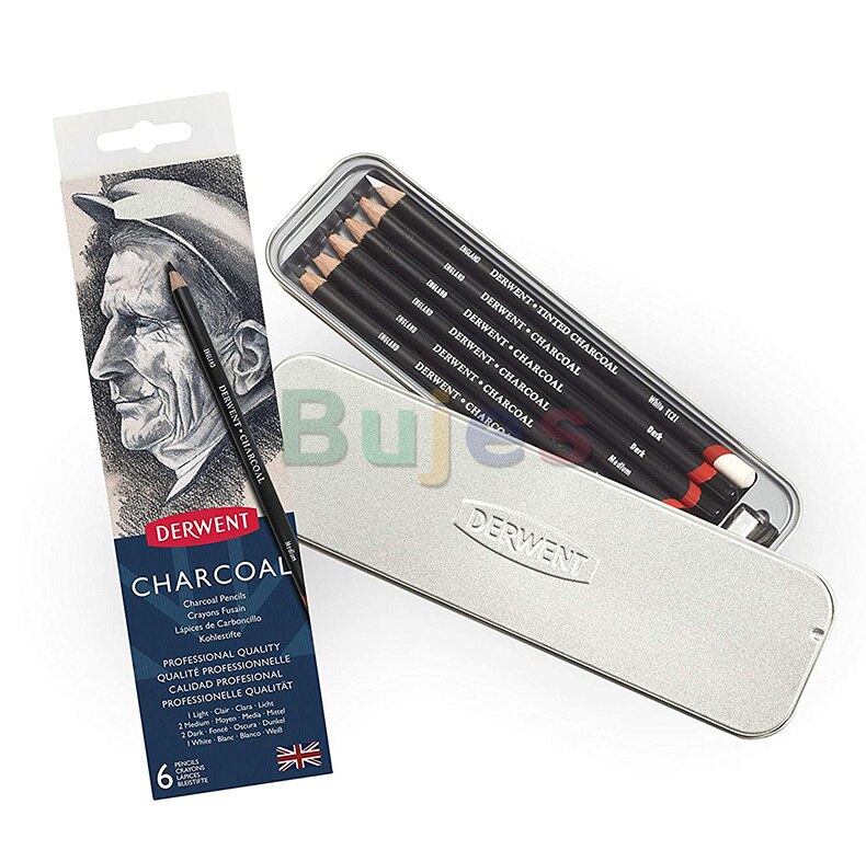 Derwent Houtskool Potloden, Metalen Tin, 6 Count (0700838), Zwart/Wit, Houtskool Potlood, schetsen Potloden