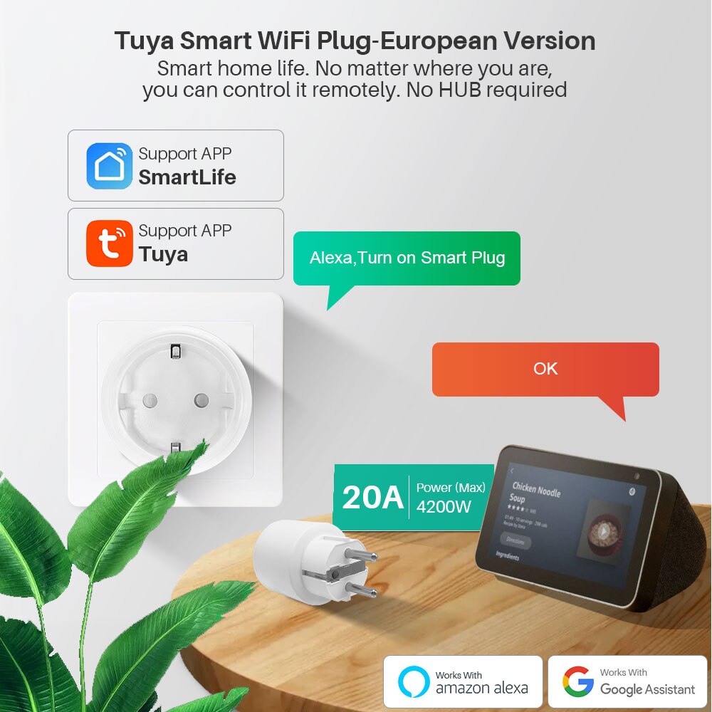Tuya Wifi Smart Plug 20A Met Power Monitor Smart Leven App Afstandsbediening Intelligente Socket Compatibel Met Alexa Google Thuis