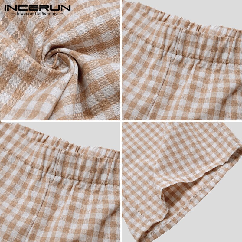 Summer Pajamas Sets Men Plaid Lapel Button Short Sleeve Cotton Sleepwear Tops Shorts Soft Unisex Homewear Pyjamas Sets INCERUN