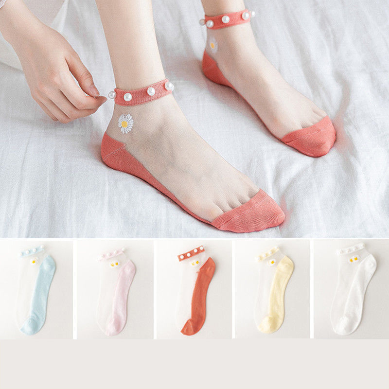 AECU 5 Pair Breathable Ankle Socks Pearl Summer Women Transparent Lace Silk Flower Cute Girls Elastic Short Socks Female Sox