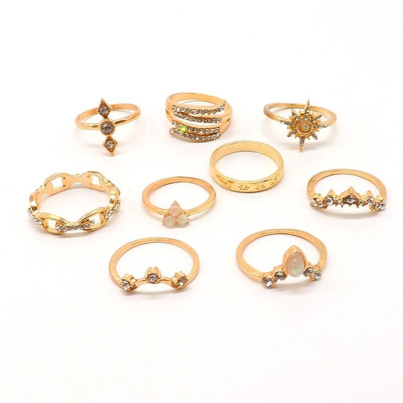 17 Pçs/set Bohemian Estrelas Gotas D' Água Crown Ondas Rodada Gems Cristal Anel Set Mulheres Charme Exquisite Partido Presente Da Jóia Do Anel