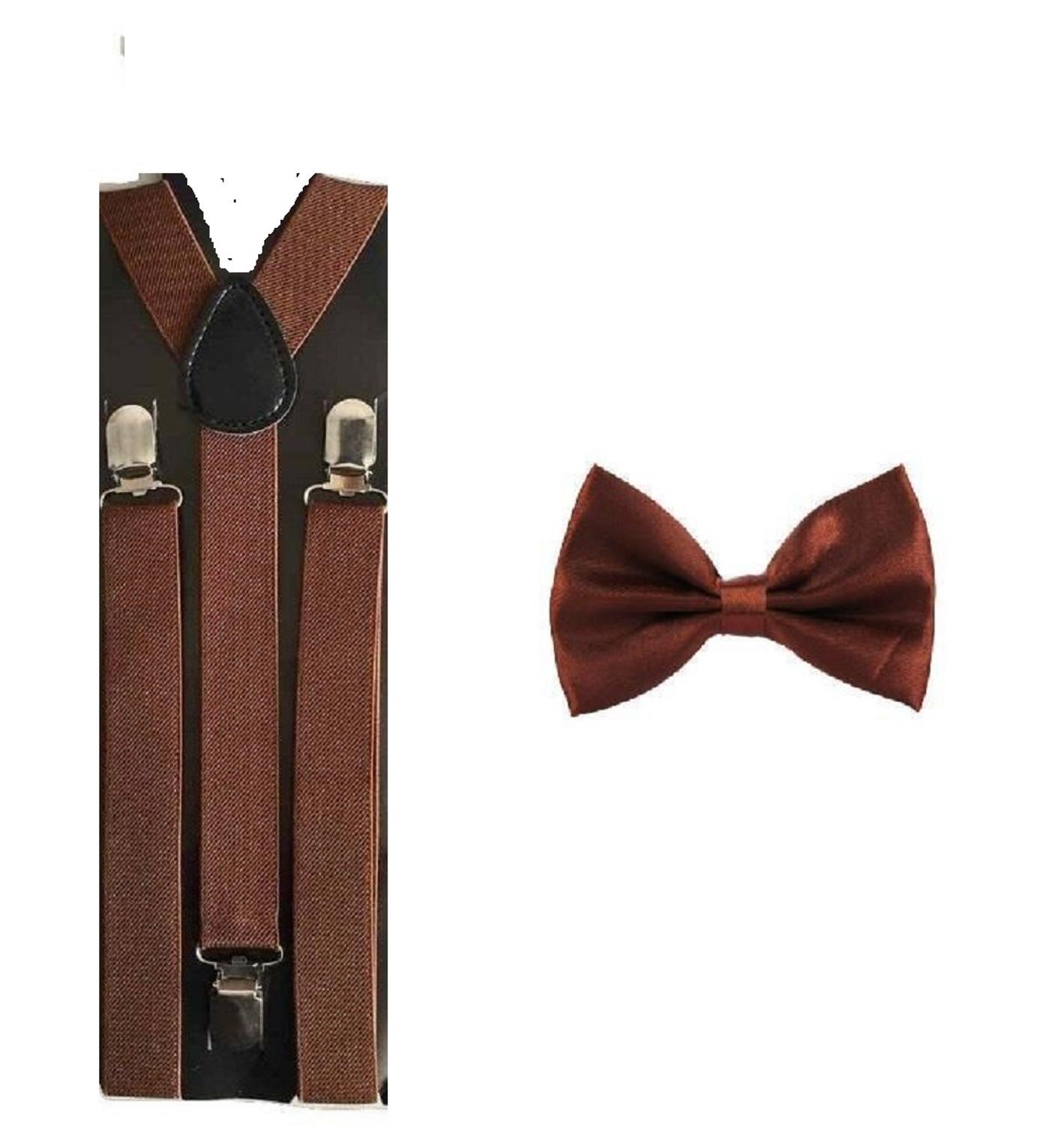 Men's Adult Matching Suspenders Braces & Pre-Tied Bow Tie Combo Sets Fancy Costume: Brown