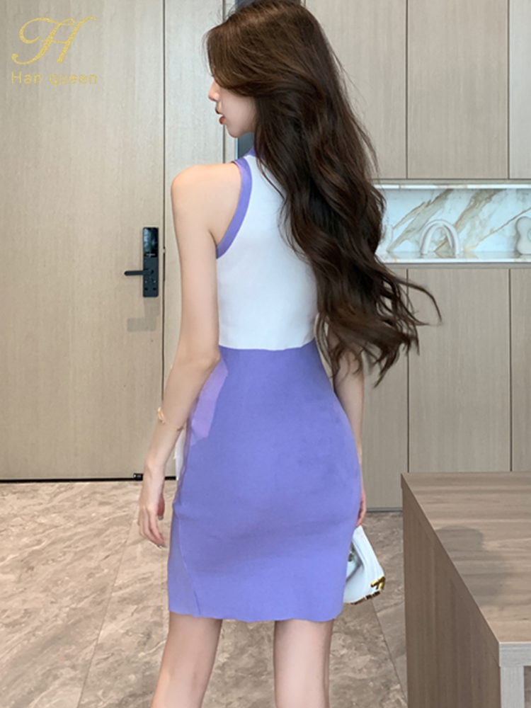H han queen sommar skarvning avslappnad tröja stickad klänning enkel kontorsklänning för kvinnor med o-ringning, bodycon-klänning i mantel, pennklänningar