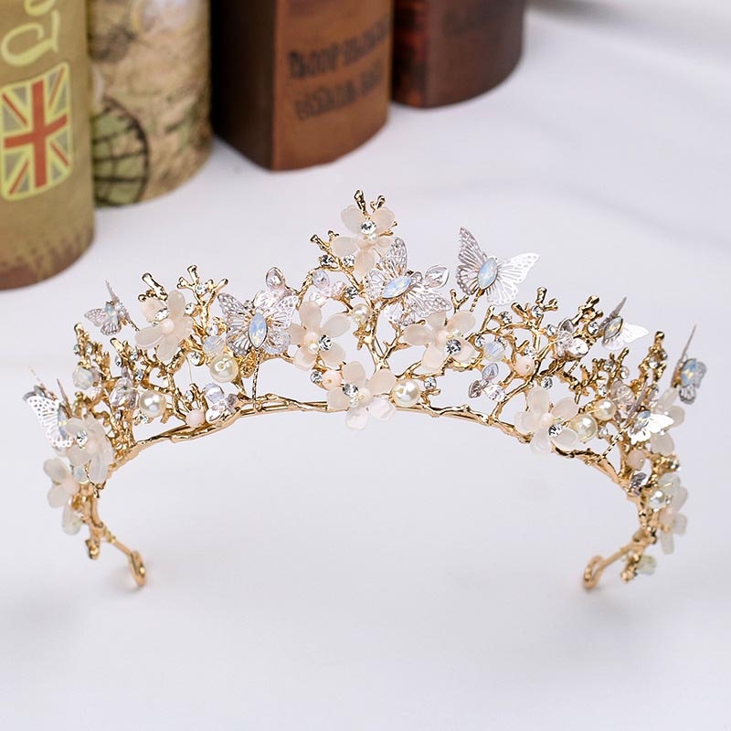 FORSEVEN Gold Flower Butterfly Bridal Tiaras Crowns Baroque Gold Pearl Diadem Headpiece Hair Jewelry Wedding Hair Accessories JL