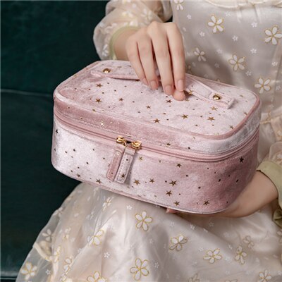 Velvet Cosmetic Bag For Women Portable Large Capacity Toiletries Organizer Makeup Cases Waterproof Female Travel Storage Box: pink