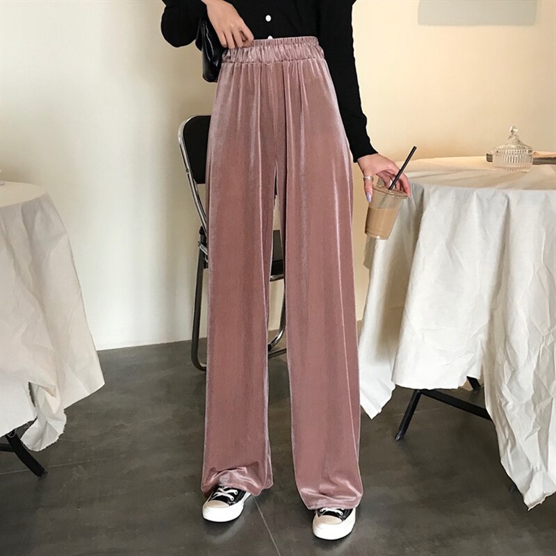 Byxor dam sommar guld sammet vida ben lösa 4xl casual drapera solid koreansk stil matchande trendiga byxor штаны dam