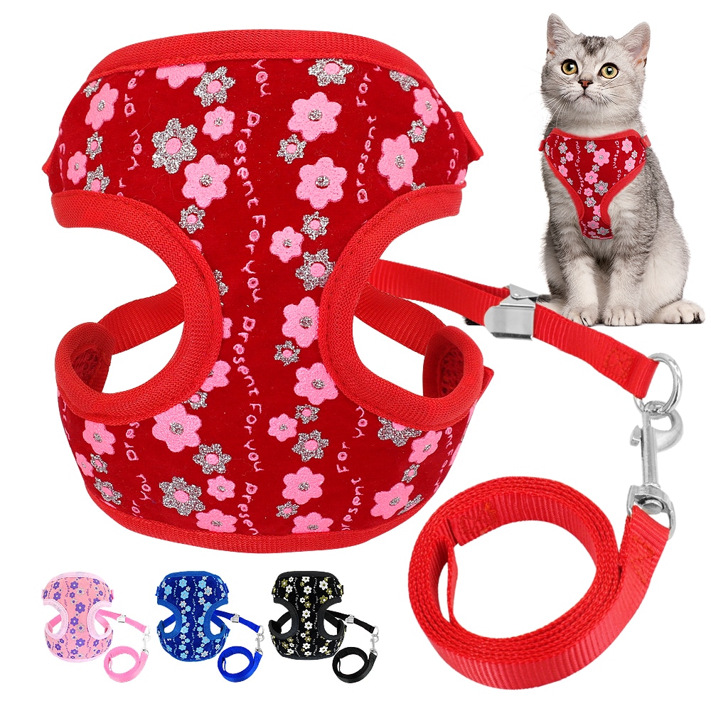 Cute Cat Harness and Leash Set Mesh Kitten Puppy Vest Chihuahua Yorkies Mesh Pet Clothes For Small Dogs Cats Flower Pattern