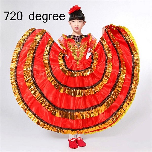 Spansk kostume pige lang rød flamenco kjole balsal nederdel flamengo piger børn danse kjoler kostumer til børn tøj  dn3038: 720 grader / Xxxl