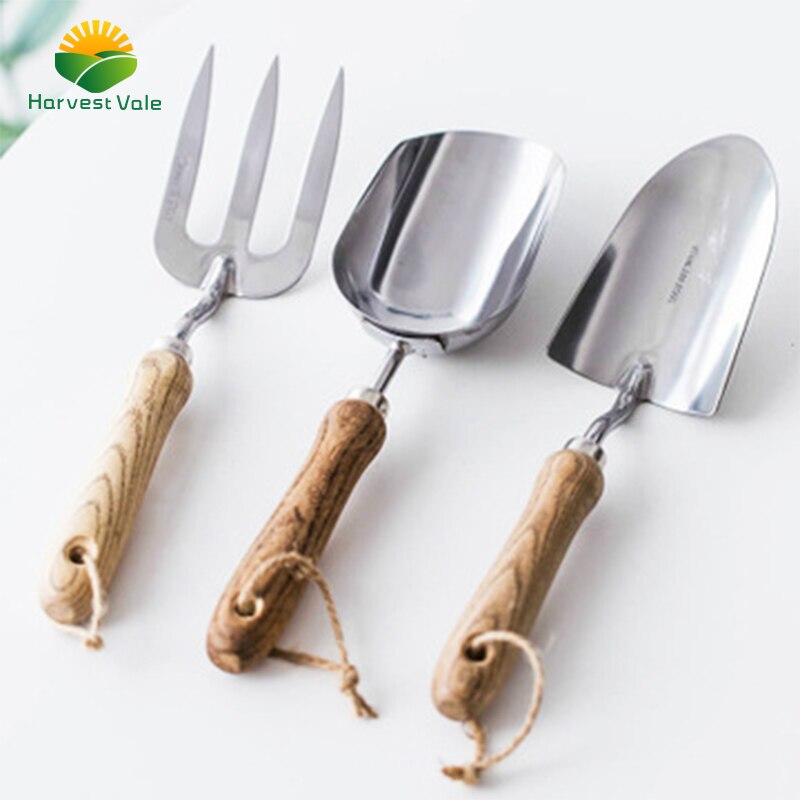 HEVE-conjunto de herramientas de jardinería con mango de madera de acero inoxidable, herramientas para plantas, pala