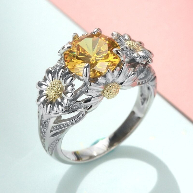 Anneaux de tournesol CC pour femmes, bijoux de mariage de fiançailles, pierre ronde, zircone cubique, accessoires CC2012