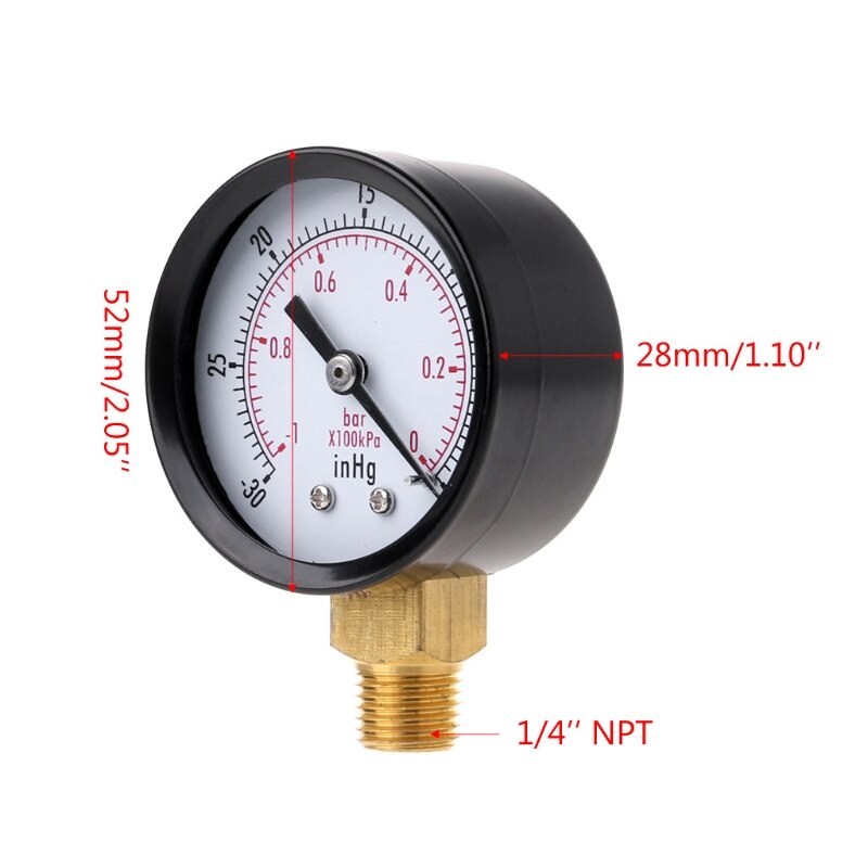 Manómetro de vacío Mini Dial medidor de presión de vacío Doble escala 1/4 "NPT montaje inferior-30HG/0 PSI