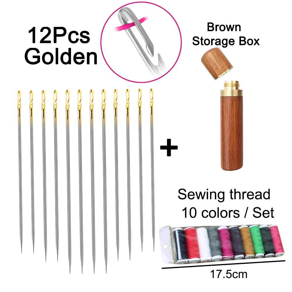 12Pcs/set Elderly Stainless Steel Needle-side Hole Blind Needle Household Sewing Hand Sewing Needles Threading Apparel Sewing: Golden A Set 3