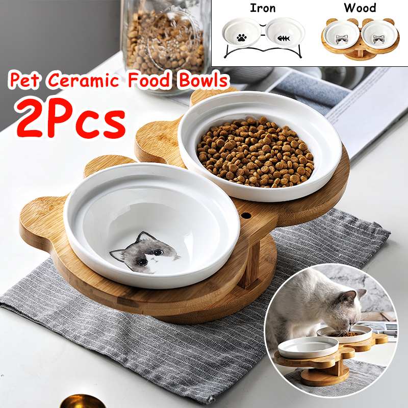 Japanse dubbele voerbak voor honden, bamboe, hout, roestvrij staal, keramiek, hondenvoer, water, veilig, eenvoudig te reinigen, voerbak voor katten en honden